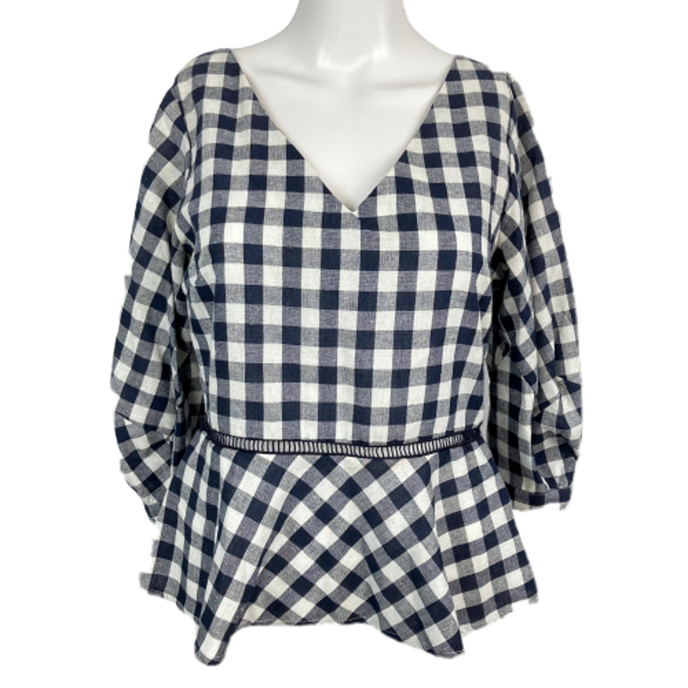 J by J.O.A. Shirt Womens Sz M Navy Blue White Cotton‎ Check V Neck Peplum Top